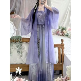 Chinese Hanfu Women Traditional Cosplay Costume Ancient Song Dynasty 2025 Summer Purple Print Hanfu 3pcs Suit (S)