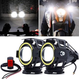 X-STYLE U7 LED Fog Light for Motorcycles, Squid Ring/Hi/Lo/Strobe, Projector, 12 V - 80 V, Universal IP67 Waterproof, White with Switch, Set of 2
