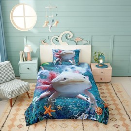 feelyou Cute Axolotl Duvet Cover, Seaweed Coral Shell Duvet Cover for Girls Teens Decorative Bedroom Sea Animals Polyester Duvet Cover with 1 Pillowcase 155 x 220 cm