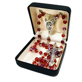 Holy Spirit Confirmation Silver Italian Rosary 6mm Ruby Red, Oxidized Silver 1 3/4" Crucifix and Descending Dove Centrepiece
