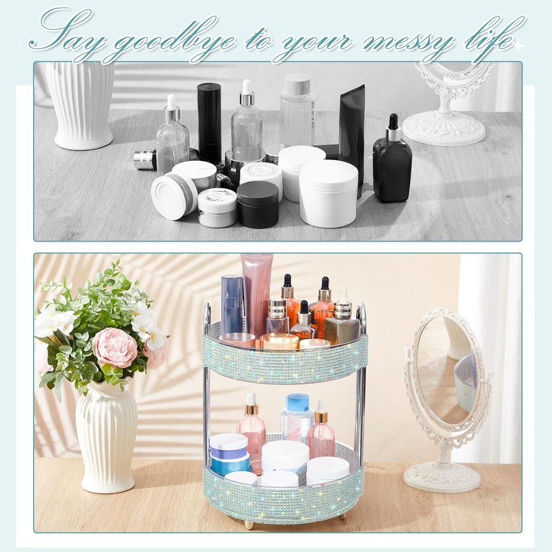 Honeydak 360 Rotating Perfume Organizer Rhinestone Bathroom Counter Organizer Makeup