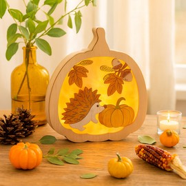 Zevmi Holz Stimmungsleuchten für Herbstdeko: 3D kürbis LED Ornament Hochwertiges MDF für Herbst Dekoration Innen Fall Decor Tisch Fenster Geschenk 15cm