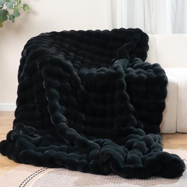 Super Comfort Oversized Warm Thick Bubble Luxury Plush Rabbit Faux Fur Throw Blanket, Fluffy Blanket,Soft Cozy Blanket for Couch Chair Bed Sofa Living Room, Black 60'' x 80''
