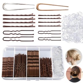 302pcs Bobby Pins Set, 100 Brown Bobby Hair Grips 100 U ShapedPins 100 HairBands with 2 Metal French Hair Pins, U-Shaped French Pins for Buns with Storage Box, Brown Hair Styling Accessories