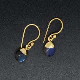 Gempires Natural Labradorite Oval Cabochon Electro Plated Hook Earring, 8 x 10 mm Drop Dangle Earrings For Women (Labradorite)