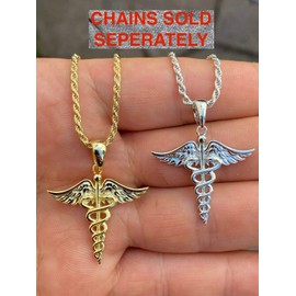 HarlemBling Solid 925 Sterling Silver Caduceus Symbol Pendant - 1" Medium Size - Great For Any Necklace - Show Support For Healthcare Workers, Nurses, & Doctor (14k Gold Finish)