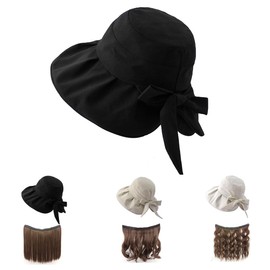 NOOFNO Summer Women's Beach Sun Hat, Wide Brim UV Protection,with Magic Tape for Hair Attachment - Easily Transformable into Hat Wig,Black