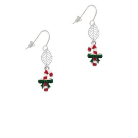 Delight Jewelry Silvertone Candy Cane with Green Bow Silvertone Leaf French Earrings