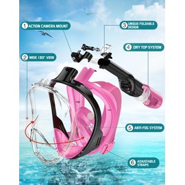 Greatever Full Face Snorkel Mask, Snorkeling Gear for Adults with Latest Dry Top Breathing System and Detachable Camera Mount, Snorkel Mask Adult, Snorkels Anti-Fog & Anti-Leak(Plum Pink, S/M)