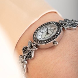 Sekonda 19mm Marcasite Vintage Style Ladies Analogue Bracelet Watch with Stone Set Oval Case and White Mother of Pearl Dial