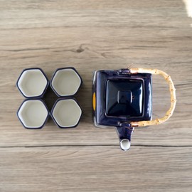 Urban Tokyo Japanese Style Cube Shape 20oz Porcelain Tea Set Teapot with Strainer, Wooden Handle and 4 Hexagon Tea Cups, Moon Rabbit Wave Design