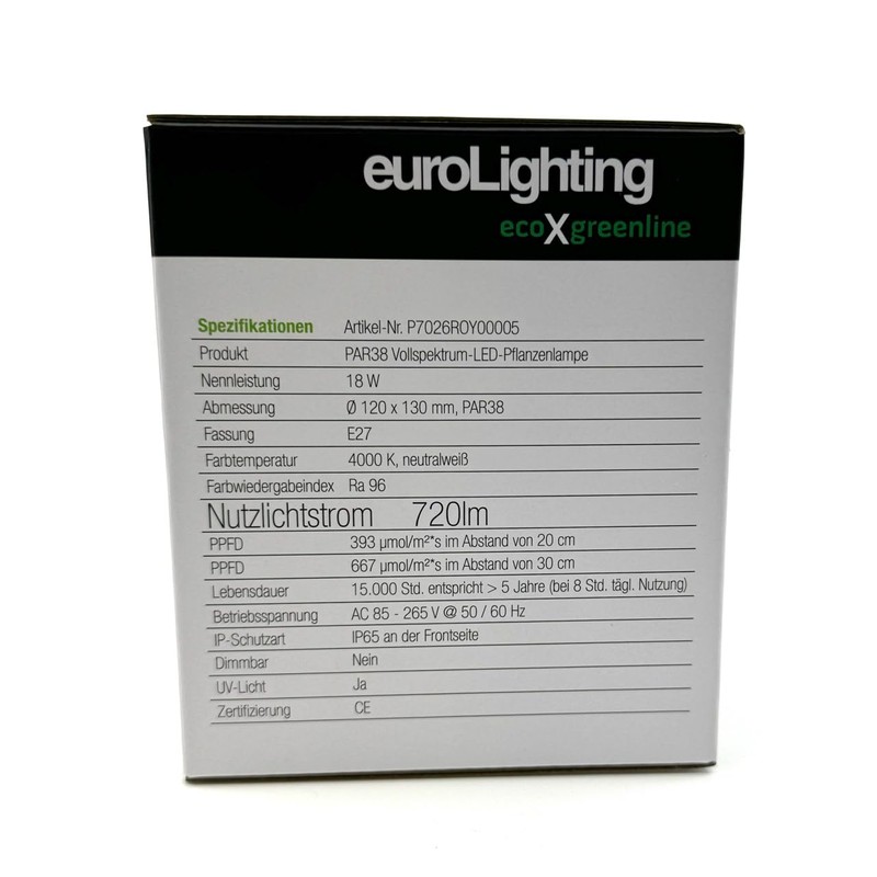 euroLighting 18W E27 PAR38 Full Spectrum Plant Growth Lamp