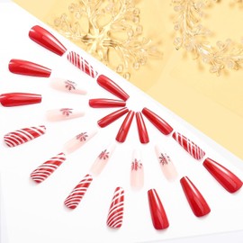 Christmas Press on Nails Coffin Long Length, 24Pcs Red Artificial Winter Fake Nails with Snow Ribbons Designs Glossy Full Cover Square False Nails Glue Stick on Fingernails for Women(JP1297)