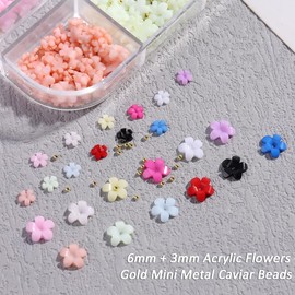 3D Flower Nail Charms, Colorful Acrylic Flower Spring Blossom Petal with Gold Mini Metal Caviar Beads