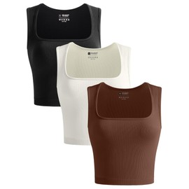 OLCHEE Womens 3 Pack Crop Tank Tops Seamless Ribbed Square Neck Tapered Shoulder Strap Sleeveless Workout Top Summer Shirts - Black Brown Beige Small