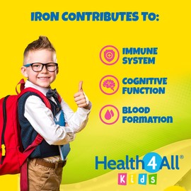Kids Iron Chewable 60 Tablets Learning and Growth Support. Vegan Iron Supplement for Children. Made in The UK by Health4All