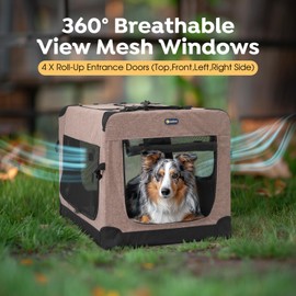 Veehoo 30 inch Folding Soft Dog Crate, 4-Door Portable Collapsible Pet Kennel Travel Dog Crate for Medium Dogs, 5 x Durable Mesh Screen, 600D Oxford Fabric, Indoor & Outdoor Use, Brown, CWB2428CP