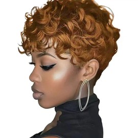 HOTKIS Short Curly Human Hair 30 Pixie Cut Wigs for Black Women Human Hair Natural Curl Short Wigs Light Brown African Americans Women Glueless Pixie Wig #30