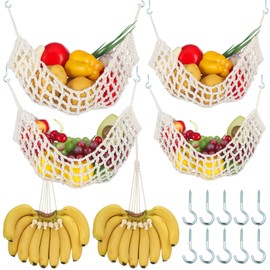 Preboun 6 Pcs Hanging Fruit Hammock for Kitchen Macrame Fruit Basket Under Cabinet 20 x 11.8 Inch, 15.8 x 7.9 Inch Vegetable Banana Holder Handwoven Fruit Net with Banana Hanger and Hooks Boat Rv
