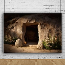 DORCEV Empty Tomb Backdrop 5x3ft Jesus Christ Crucifix Stone Hole Photography Background Holy Light Easter Photo Backdrops Sunset Lord Pray Church Missionary Events Banner Decorations Studio Props