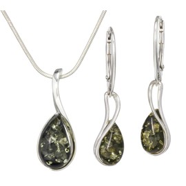 LIGURIUS NATURAL Green BALTIC AMBER STERLING SILVER 925 NECKLACE & EARRINGS Set Green Gemstone For Women & Silver Adjustable CHAIN Snake 45cm - 50 cm, Gift set