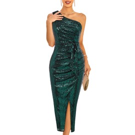 GRACE KARIN Wedding Guest Dresses for Women Sparkly Glitter Wrap Dress Cocktail Party Wedding Maxi Dresses with Slit Dark Green L