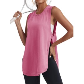 Tankaneo Womens Summer Workout Tank Tops Cotton Side Slit Sleeveless Shirts Oversized Casual Yoga Gym Tees Bright Pink