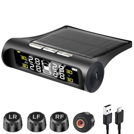 Tire Pressure Monitoring System, Tire Pressure Monitor with Solar and USB Charge, TPMS with 4 Sensors & 6 Alarm Modes, Real Time Pressure and Temperature Auto Safety Monitor for Truck Rv Trailer Car