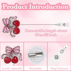 Pink Cherry Bow Badge Reel for ID Card Preppy Gifts Badge Reels Retractable for Nurse Doctor Teacher Coworker Friend Mom Coquette Accessories for Work