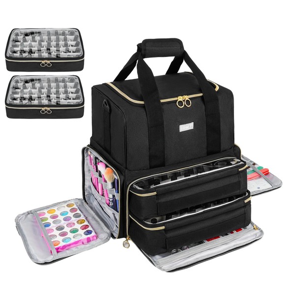 Nail Polish Organizer Holds 80 Bottles and a Nail Lamp,Nail Polish Carrying Case with 2 Removable Bags,Nail Organizers and Storage for Nail Tech,Portable Nail Polish Holder for Nail Supplies,Black