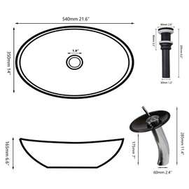 Washly Black Oval Bathroom Vessel Sink Tempered Glass Washing Bowl Combo Above Counter Chrome Waterfall Faucet Pop Up Drain Set