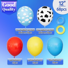 68Pcs Red Yellow Blue Toy Balloons 12 Inch Light Blue Cloud Cow Print Balloons for Baby's Birthday Story and Football Party Themed Decorations