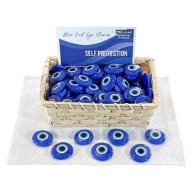 Blue Evil Eye Stones, Set of 100 Printed Turkish Nazar Spiritual Keepsake Glass Stones Created for Protection and Luck, with Retail Display by Lifeforce Glass