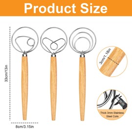 Set of 3 Danish Whisks - 13 Inch Danish Dough Whisk with Wooden Handle, Danish Dough Whisk, Dough Mixer, Bread Baking Accessories for Baking, Bread, Sourdough, Pastry, Set A