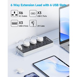 Extension Lead with 6 USB Slots (3 USB C), 6 Way Surge Protection Extension Sockets 2M with Switch, Wall Mounted Multi Plug Power Strip for Home Bedroom Kitchen Office, Black