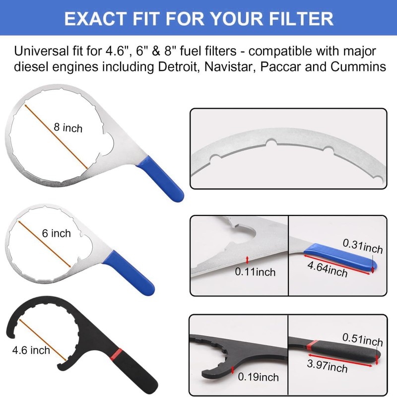 3-Piece Diesel Fuel Filter Wrench Set (4.6/6/8 Inch) - Heavy-Duty
