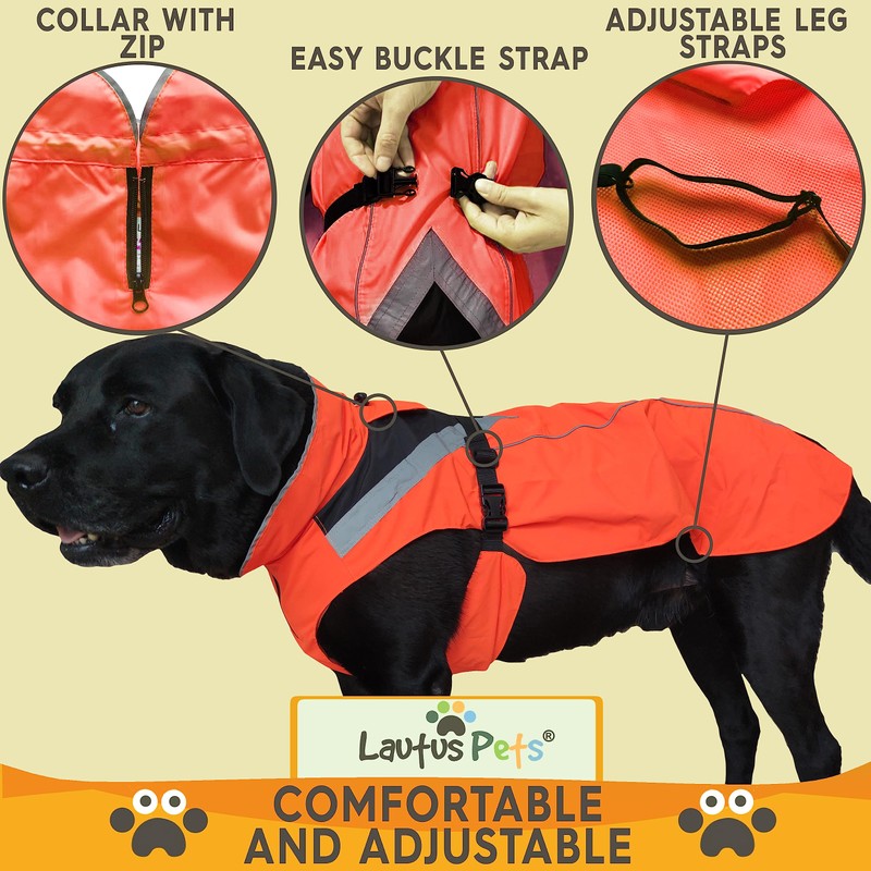 Lautus Pets Dog Rain Coat - Waterproof, Reflective, Bright Orange