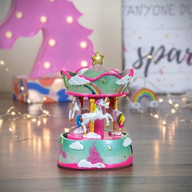 Northlight Children's Rainbow Rotating Unicorn Musical Carousel, 6.5", Pink