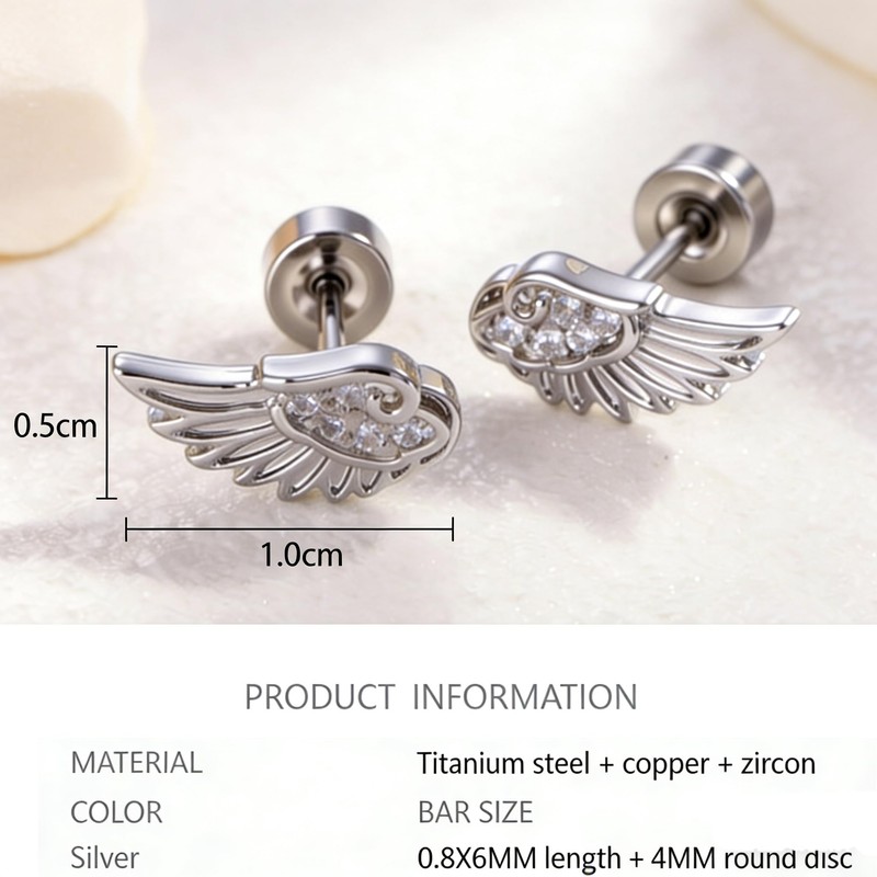 Goth Angle Wing Earrings Silver Stainless Steel Flat Back Earrings
