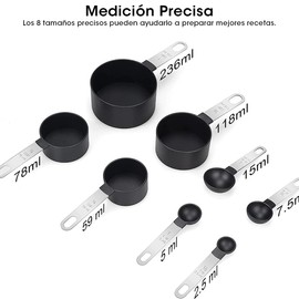 Sendowtek Juegos de 8 Cucharas Medidoras, Tazas y Cucharas Medidoras Acero Inoxidable, Set de Cucharas para Cocina, Chef Craft Measuring Spoons & Cups para Cocinar, Hornear, Dosificar, Medir Líquidos y Los Ingredientes (Negro)