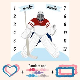 PHMOJEN Baby Monthly Milestone Blanket, Hockey Clothing Month and Age Blanket for Nursery, Girl 1-12 Months, Includes 4 Frame and 1 Headband 40"x40" BTLSPH287