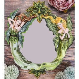 Ebros Gift Blonde And Brunette Fairies In Enchanted Forest with Greenman Wall Mirror Decor