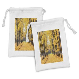 Ambesonne Nature Fabric Pouch Set of 2, Autumn Fall Season Trees Falls Dried Leaves Scenery on Road Path Photo Artwork, Small Drawstring Bag for Toiletries Masks and Favors, 9" x 6", Yellow and Green