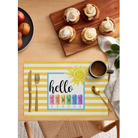 Summer Placemats Set of 6 Cotton Linen Table Mats Non-Slip Place Mats for Dining Kitchen Table Decoration Washable 19x13 Inch Placemats - Hello Summer Popsicle Sun Stripe