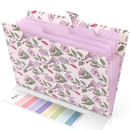 SKYDUE Accordion File Organizer, Floral Expanding File Folders with 5 Pockets, Cute Document Organizer for Paper Bills Receipt Storage, School Office & Hospital Supplies Letter/A4 Size Light Purple