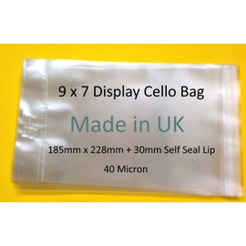 celloexpress EUROSLOT 9" x 7" Cello - 185mm x 228mm plus 30mm Header with Euroslot - 40 Micron Cellophane Clear Display Bags Self Seal - Pack of 50