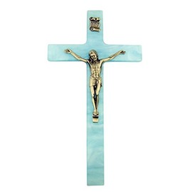 Religious Gifts Pearlized Latin Cross Cruxifix with Pewter Christ Corpus, 7 Inch (Blue)