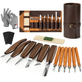 17 Pezzi Kit di Coltelli per Intaglio del Legno, Strumenti per Intaglio del Legno, con custodia, Sicurezza Guanti, Pietra Lucidante, Affilatura, Strumenti per Intaglio Legno per DIY Principianti