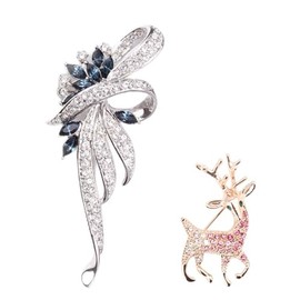 2 Pieces Crystal Brooch Pins Elegant Floral Design with Blue Stones and Rose Gold Reindeer Pin Jewelry Gift