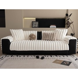 XSlive Faux Rabbit Fur Couch Sofa Cover Washable, Shaggy Fuzzy Sectional Couch Cover, Stripe Non-Slip Soft Plush Sofa Slipcover Furniture Protector for Dogs, Pets (Ivory,28"x28")